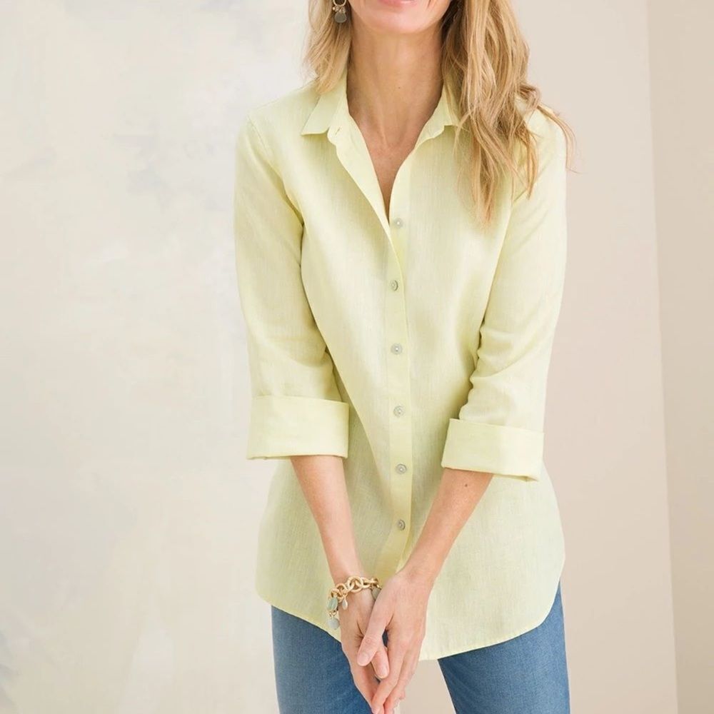 Chico's No Iron Linen 3/4 Sleeve Button DownāShirt In Pale Yellow Size L